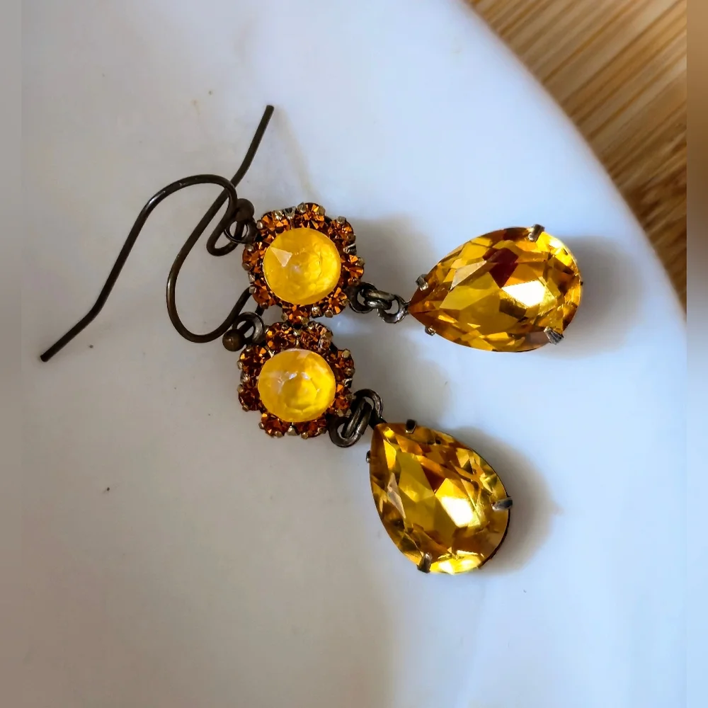 Victorian Golden Yellow Swarovski Elements Flower Crystals In Brass  Earrings